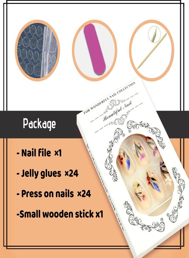 SEMATA Nude Press on Nails Almond Medium Full Cover Spring Summer Acrylic False Fake Nails Press ons Flower with Shiny Colorful Floral Design Fake Nail 24Pcs Reusable Stick on Nail for Women - Image 5